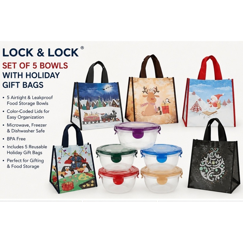 Lock & Lock 10pc Holiday Set 5 Bowls 3.5 Cup with 5 Festive Gift Bags K45728 NEW